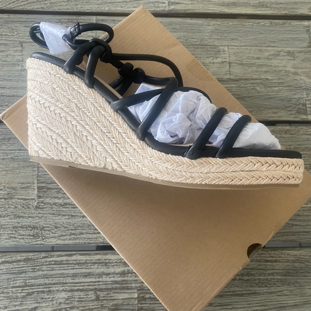 Women’s Black and Tan Espadrilles Wedge Slingback Sandals, Buckle Strap, Sz 10